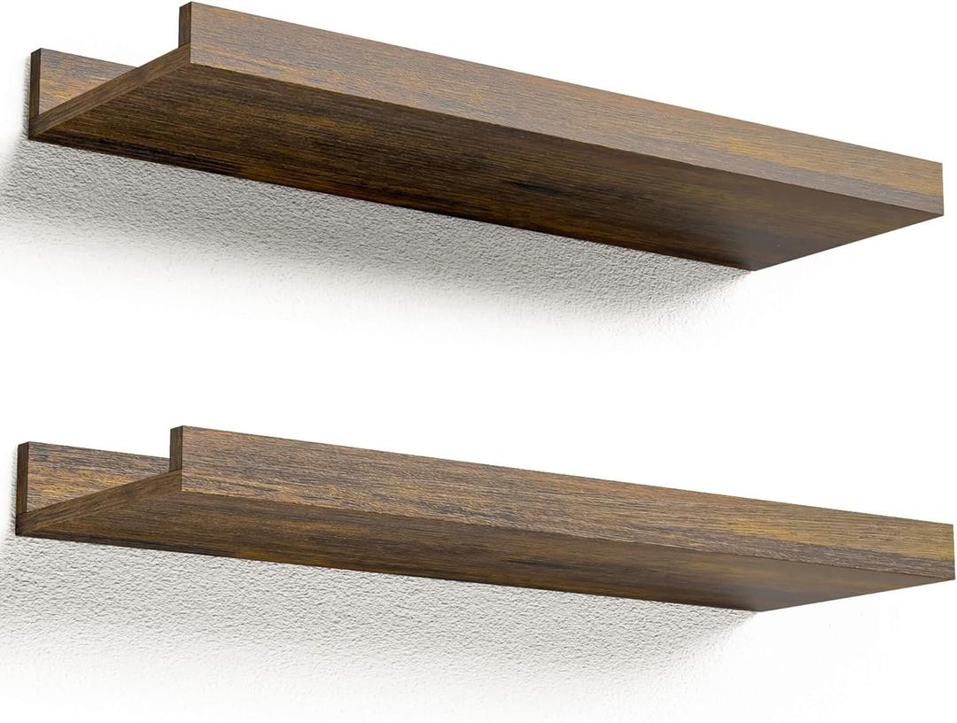 Floating Shelves for Wall, Wall Mounted Shelves Set of 2, Rustic Shelves with Lip, Display Picture Ledge Shelf for Wall Decor Living Room Bathroom Kitchen - Brown (15.7 In)