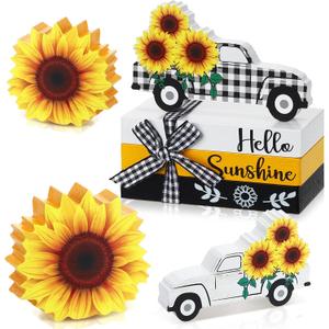 Yalikop 5 PC Sunflower Table Decor Summer Tiered Tray Decor Sunflower Tabletop Centerpieces Hello Sunshine Yellow Wooden Truck Sign Decorative Book Stack with Twine for Home Kitchen Shelf Office Desk