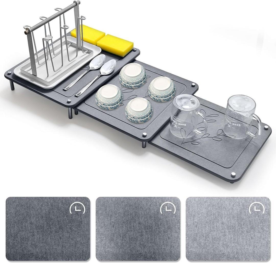 3Pcs Nesting Stone Drying Mat for Kitchen Counter, Quick Drying Dish Drying Mat with Non-Slip Feet, Super Absorbent Heat Resistant Diatomaceous Earth Dish Drying Mat for Dishes, Bottles, Cups-Leaf