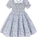 Toddler Girl Dress Short Sleeve Kids Floral Smocked Square Neck Beach Sundress | Summer Fashion Dresses 2-7Y