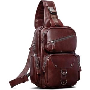 Genuine Leather Sling Bag for Men Large Crossbody Shoulder Bag Casual Sling Backpack Anti-Theft Travel Chest Purse (Dark Brown)