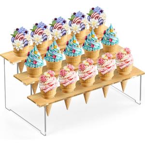 Ice Cream Cone Holder, 3-Tier Acrylic Ice Cream Stand, Waffle Cone Displaying Stand for Kids Party, Birthday, Wedding