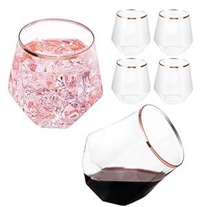 LUODA Rose Gold Diamond Shaped Plastic Stemless Wine Glasses Set of 24, Disposable 12 Oz Rose Gold Plastic Whiskey Glasses for Birthday, Housewarming and Weddings