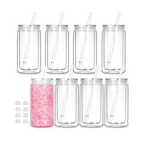 8 Pack plastic Snow Globe Tumbler, 16 Oz Double Wall Plastic Can with Lid and Straw, Plastic Mason Jar Mug for Snow Globe Glitter DIY Gift (Clear