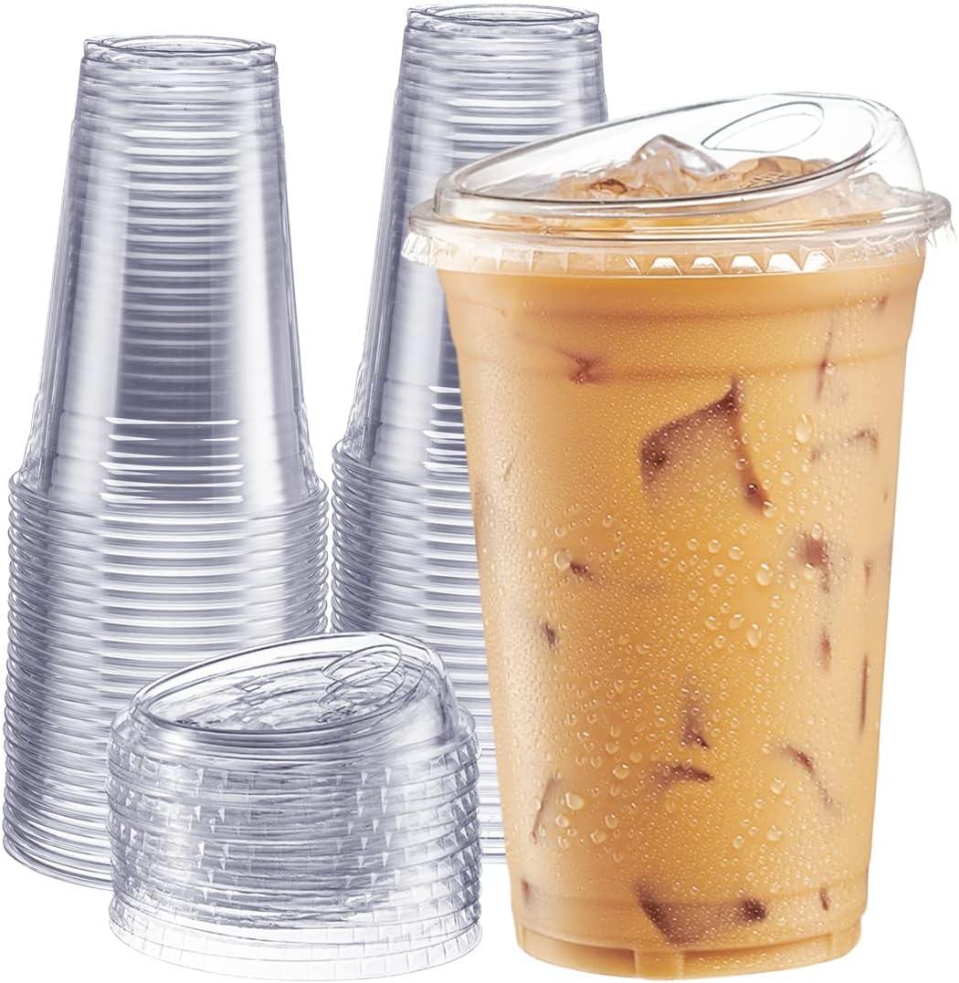 GUSTO Clear Plastic Cups with Lids [20 oz - 100 Count] - Disposable Iced Coffee Drink Cups with Strawless Sip Lids for Smoothies, Juices, and More - (Formerly Comfy Package)