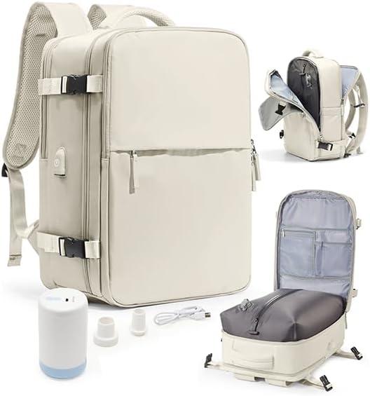 WONHOX Vacuum Seal Travel Backpack with Air Pump,Compression Vacpack Waterproof Carry On Backpack for Travel Women Men with Vacuum System,Airlines Approved Daypack Laptop Space Saver Bags,Beige