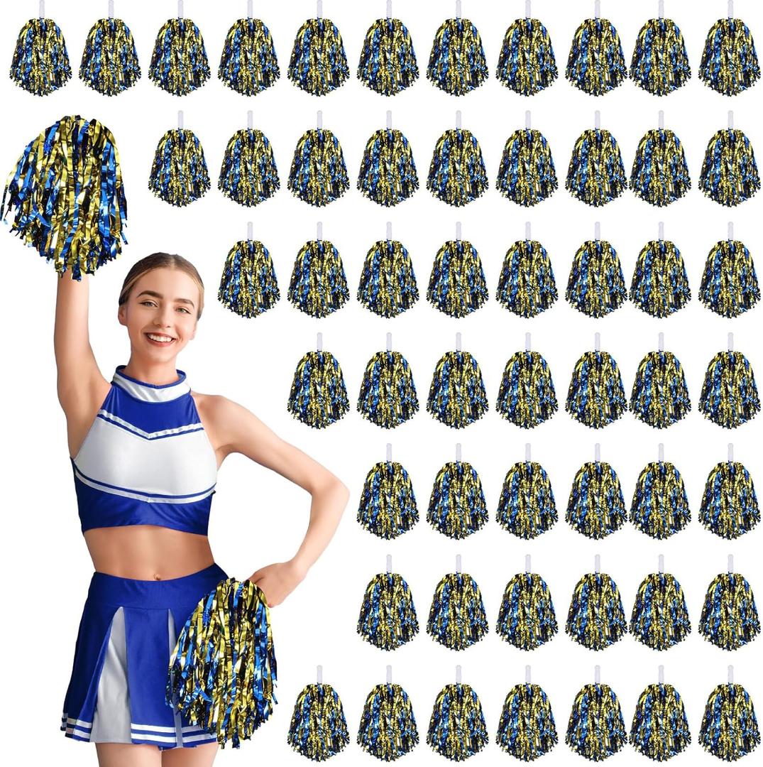60 Pcs Cheerleading Pom Poms Cheering Pompoms Bulk Cheer Metallic Foil Pom with Baton Handle Plastic Poms Squad for Game Team Spirit Sports Dancing Basketball Club (Blue, Gold)