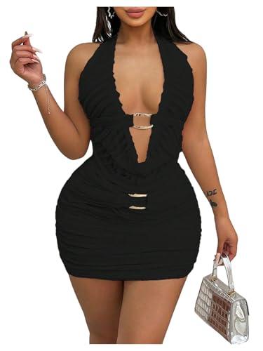 SweatyRocks Women's 2 Piece Skirt Sets Going Out Halter Crop Top with Bodycon Mini Skirts Club Rave Outfits Black Large