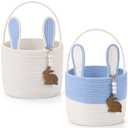 Wonderjune 2 Pcs Large Easter Baskets Woven Rope Bunny Basket Unique Easter Basket with Rabbit Wood Name Tags for Egg Hunt Girls Boys(Blue and White)
