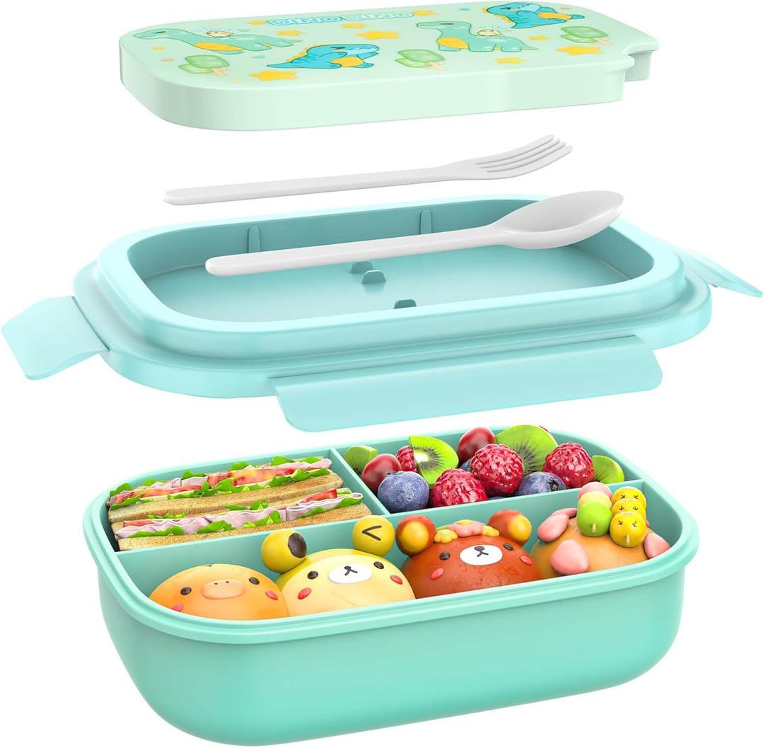 Bento Box for Kids, Bento Lunch Box for Girls & Boys, 3-Compartment Non-BPA Lunch Container with Utensils, Microwave & Dishwasher Safe, Ideal for Meal Prep & School (green), Standard