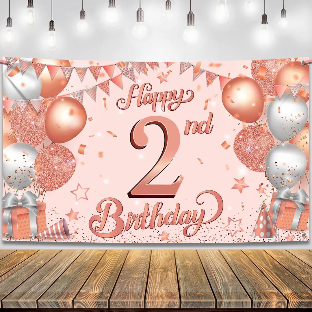KatchOn, Rose Gold Happy 2nd Birthday Banner - XtraLarge, 72x44 Inch | Happy Birthday Banner for 2 Year Old Birthday Decorations Girl | birthday Backdrop for 2nd birthday Decorations for Girl