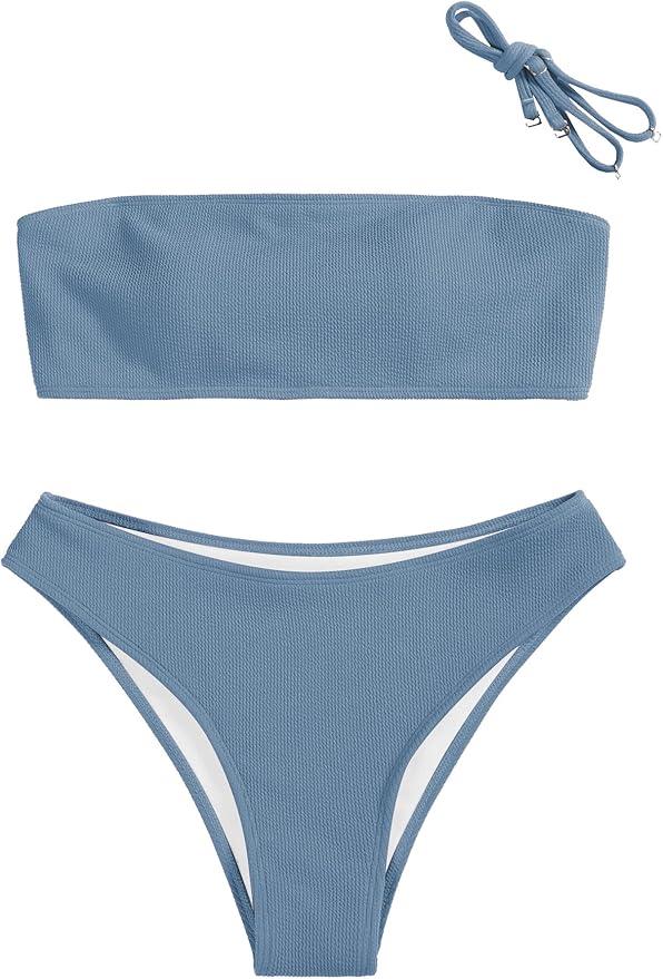 ZAFUL Women Strapless Ribbed High Cut Bandeau Bikini Lace Up 2 Pieces Swimwear (Small, 1-haze Blue)