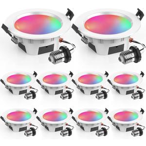 4" Smart Recessed Lighting 10 Pack, Multicolorred, Dimmable, 2700K~6500K, CRI80+, 4 Inch Color Changing Bluetooth Mesh LED Ceiling Light, RGB Canless Retrofit LED Downlight