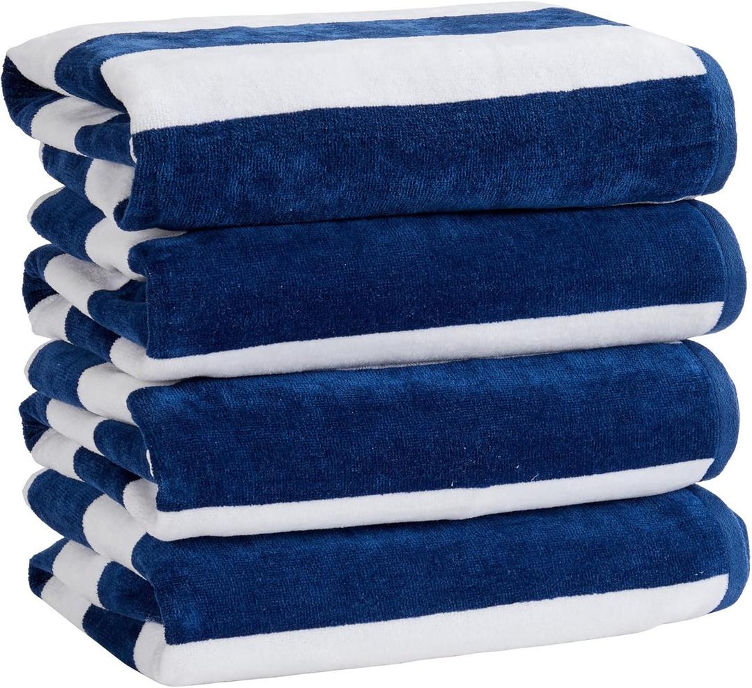 Market & Place 100% Cotton Velour Cabana Stripe Beach Towel Set 30" x 60" - Ultra Soft, Plush, & Highly Absorbent Towels for Pool, Beach, & Swimming. Marina Collection (4-Pack, Navy)