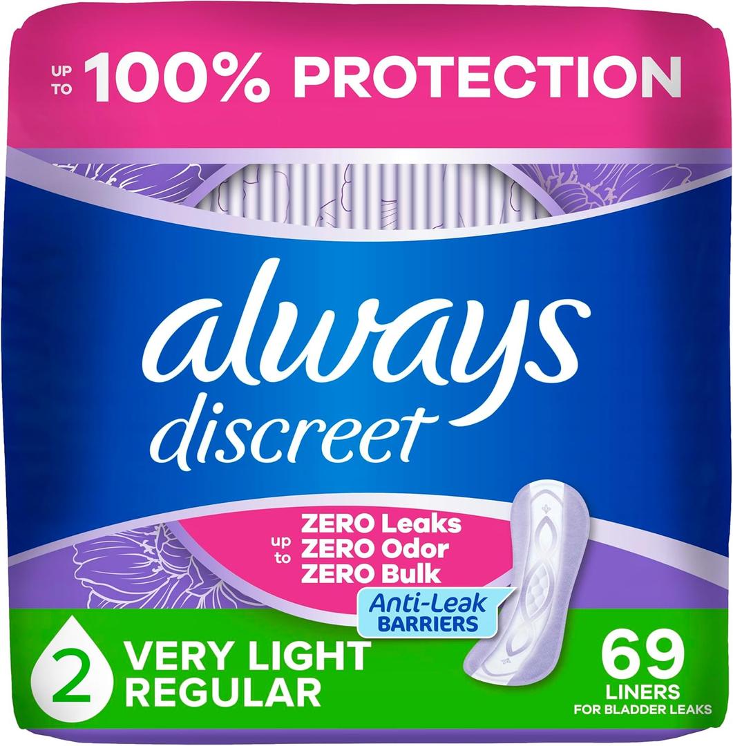 Always Discreet Incontinence Panty Liners for Women with Bladder Leaks, Size 2, Very Light Absorbency, Up to 100% Bladder Leak Protection 69 CT