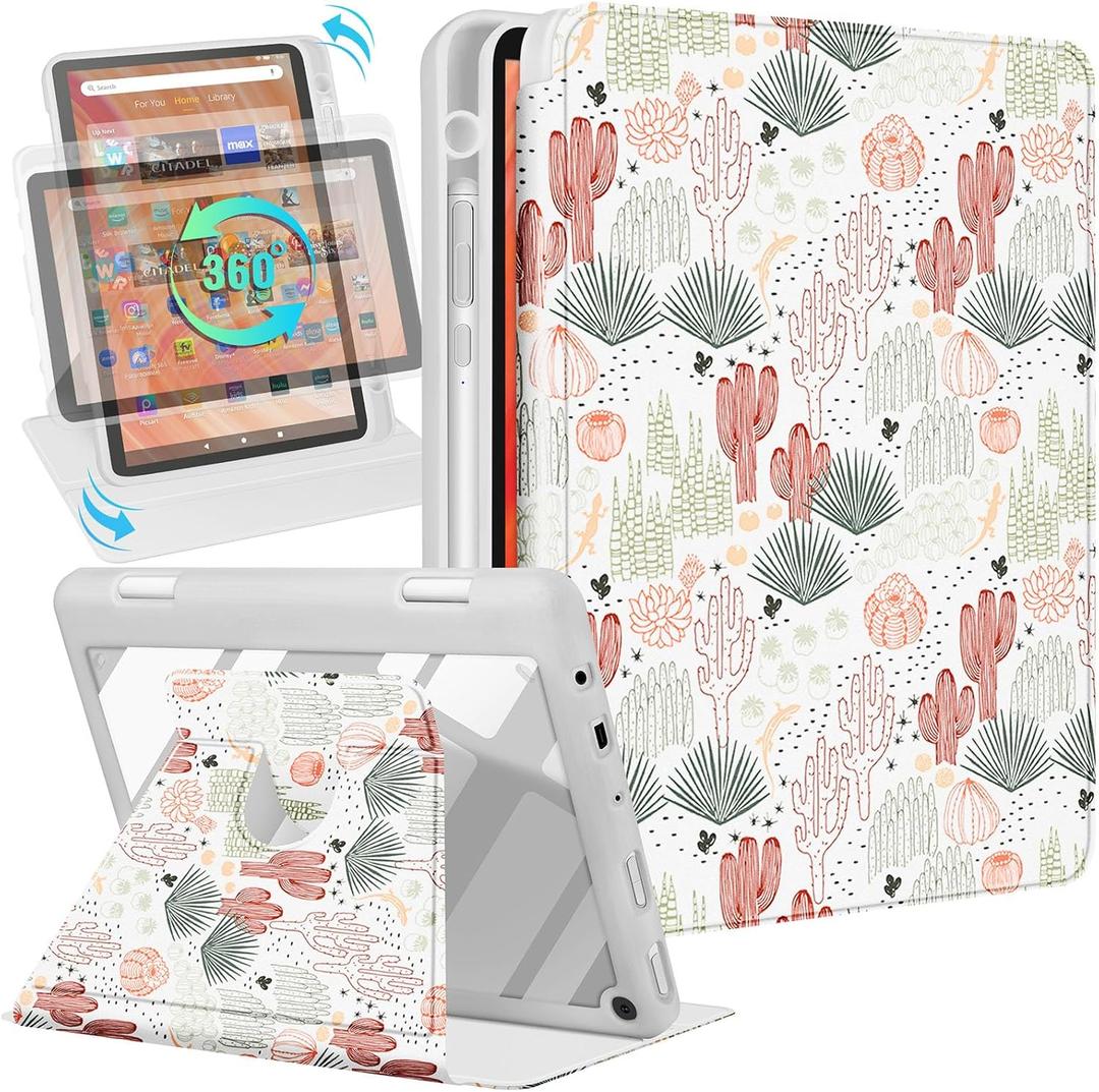 Kidcube for Kindle Fire HD 10/10 Plus Tablet Case - 13th/11th Generation (2023/2021) 10.1" Women Girls Cute Girly Cactus Design Rotating Stand Pencil Holder Folio Cases for Amazon Fire HD 10/10 Plus