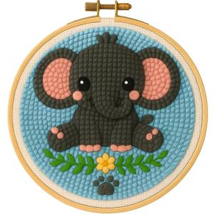 TEKWAVE Punch Needle Kit for Adults Beginners Little Elephant Design, Step-by-Step Video Pre-Printed Pattern and Written Instructions, DIY Embroidery Set with Yarn, Fabric, Hoop for Home Decor Crafts
