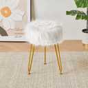 IBUYKE Faux Fur Vanity Stool Chair, Furry Makeup Stool Ottoman, Soft Padded Seat, Round Footrest Footstools with 4 Metal Legs, for Living Room Bedroom Entryway, White LG-32W