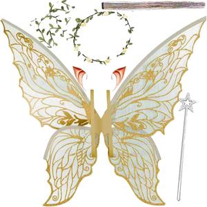 Fairy Wings for Adults and GirlsFairy Costume Set with Floral Garland, Fairy Hair Tinsel, Wand & Elf Ears  29"x21" Organza Butterfly Wings  Ideal for Cosplay, Party, Gold