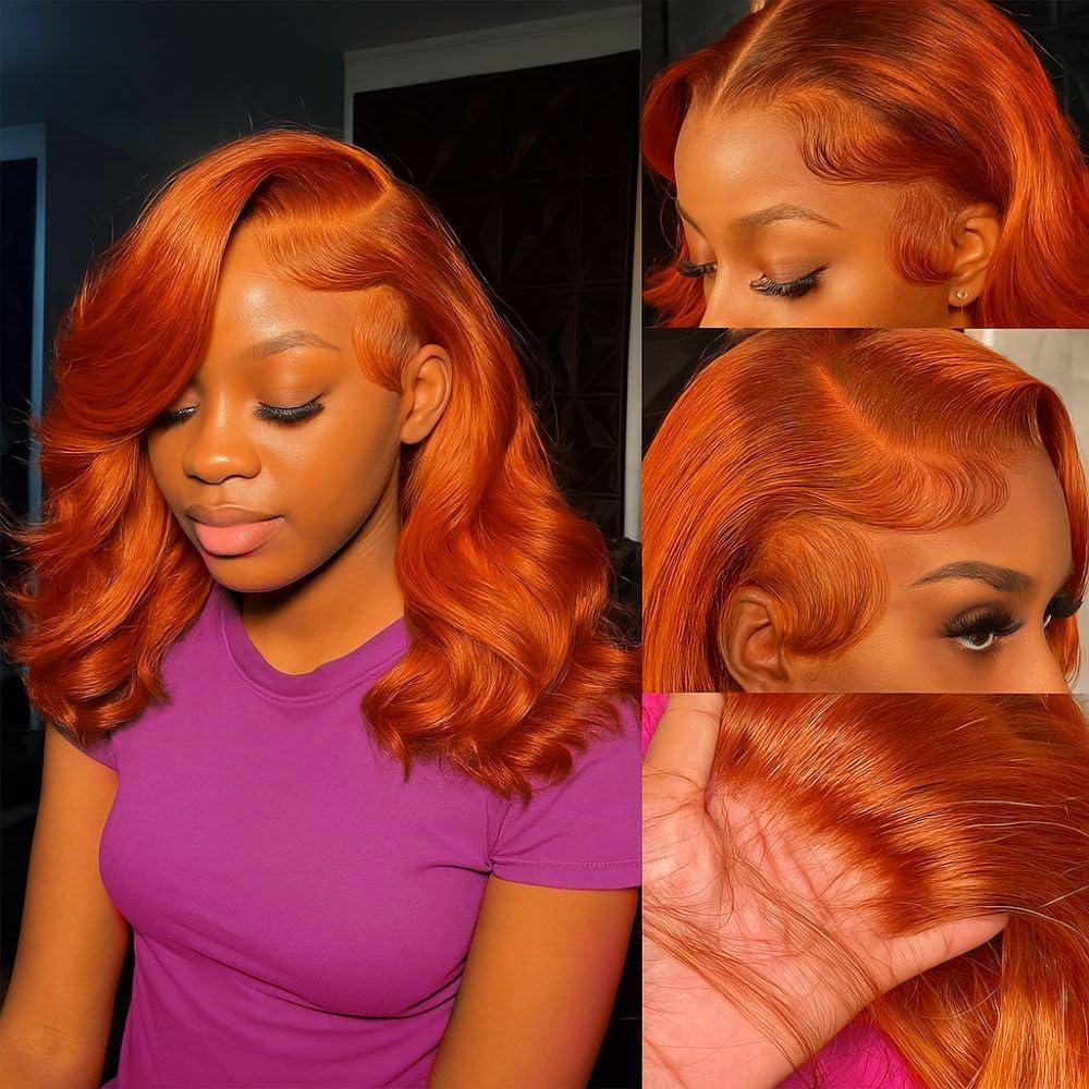 UVVUVV 350 Ginger Orange Lace Front Wigs Human Hair Pre Plucked 13x4 Transparent HD Lace Frontal Wigs with Baby Hair Body Wave Bob Wig Human Lace Front Wigs for Black Women 180 Density 16 inch