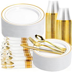 350PCS Gold Plastic Plates Dinnerware Set, Thanksgiving Disposable Plates, 50 Dinner and 50 Dessert Plates, 50 Pre Rolled Napkins with Silverware and 50 Cups for Party and Wedding