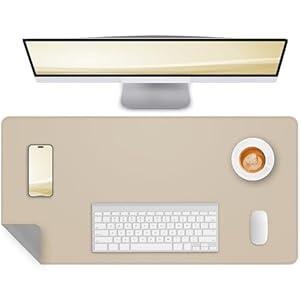 CEBOWA Dual-Sided Leather Desk Pad Protector- Non-Slip PU Desk Mat, Small Waterproof Office Blotter for Keyboard & Mouse | Desktop Mat | Home Office Accessories (23.6"x13.8", Beige Grey)