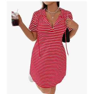 LALAGEN Hooded Plus Striped Drawstring Hooded Tee Dress, Summer X-Large