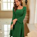 BeryLove Prom Dress for Teens Long Sleeve Sequin Dress Square Neck Midi Cocktail Party Formal Dress Glitter Bridesmaid Dresses S006 DarkGreen S (Green)