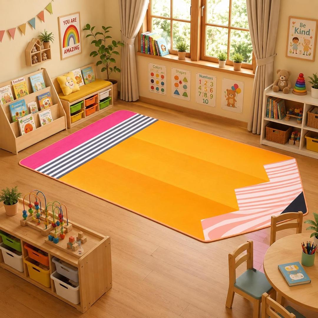 10.5 x 4.6 ft Large Pencil Classroom Rug Back to School Pencil Decorations Non Slip Classroom Carpet Runner Rug Preschool Kindergarten Soft Playmat 