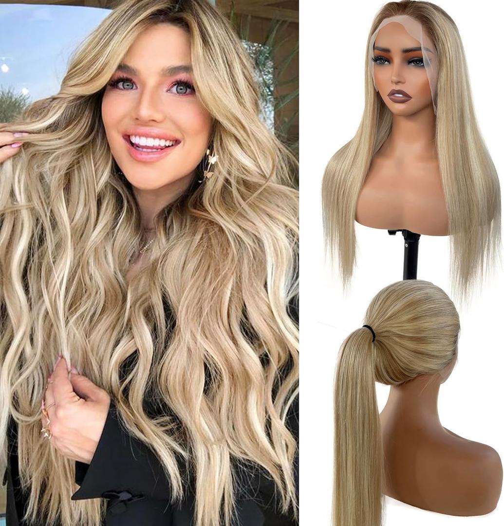Balayage Ash Blonde 13x6 HD Lace Frontal Wig 18 Inch Human Hair 150% Density Golden Brown to Light Blonde Ombre Highlight Real Hair Transparent Pre Plucked with Baby Hairs Glueless for Women