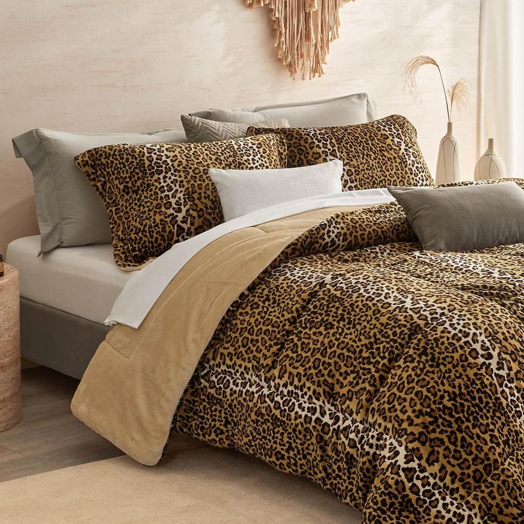 Petrichor Leopard Velvet Flannel King Comforter Set-Cheetah Print Western Blanket,Luxury Fuzzy Heavy Bedding Set,3 Pieces Plush Winter Bed Set with Comforter (90"x104")&2 Pillow Shams (20"x36")