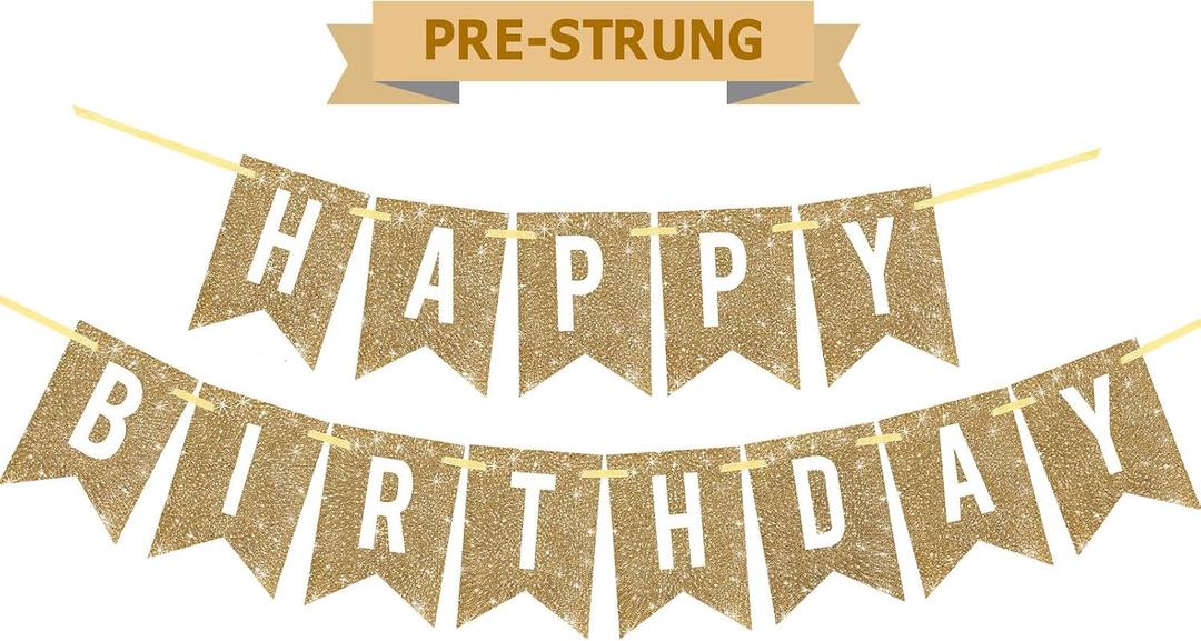 Netnology Pre-Strung Gold Happy Birthday Banner Decorations,12 ft No DIY Gold Glitter Birthday Party Banner Sign Decor for Women Men Girl Boy Party Supplies