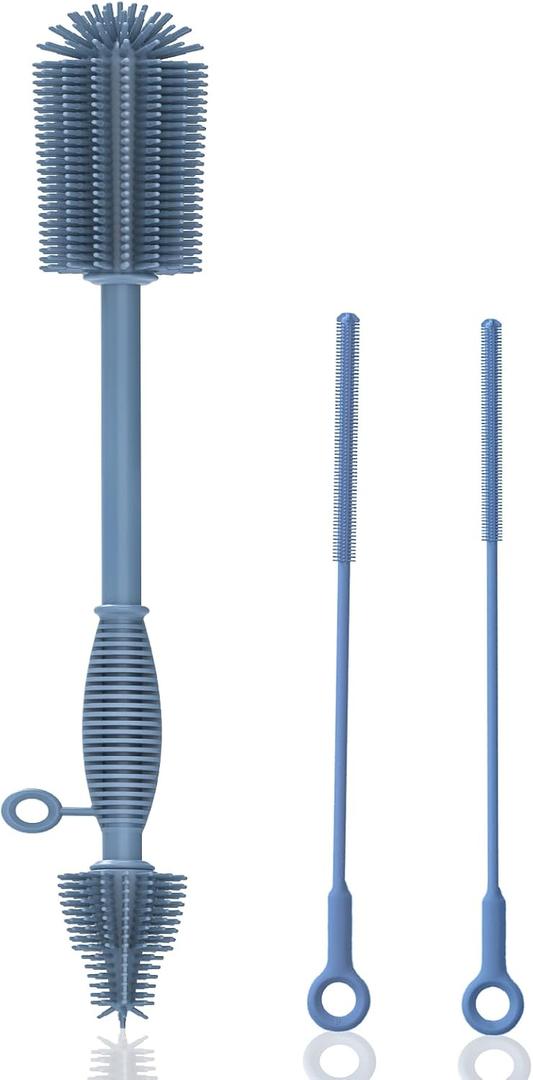 Silicone Bottle Brush and Straw Cleaner Set - Soft Baby Bottle Cleaner, Bendable Straw Cleaning Brush, Long Handle Brushes (Blue)