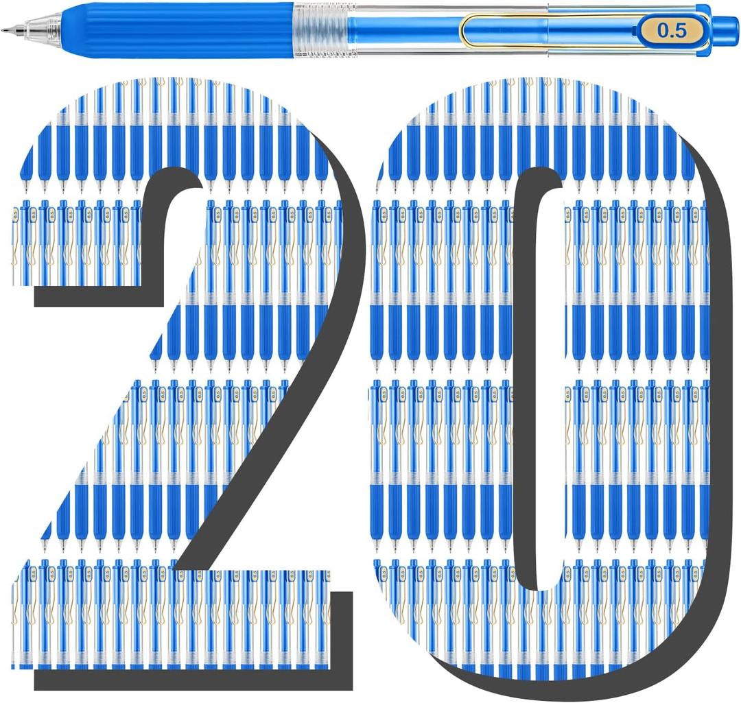 2 x Aozora 20 Pack Blue Gel Pens Fine Point Smooth Writing Pens Retractable Blue Ink Pen with Soft Grip 0.5mm Quick Dry Office School Supplies Gold Clip
