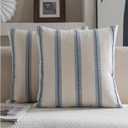 Cethom Boho Throw Pillow Covers 18x18 Set of 2, Beige and Blue Striped Decorative Pillow Cases for Couch Chair Bed, Textured Farmhouse Accent Cushion Covers for Living Room Bedroom Sofa Home Decor