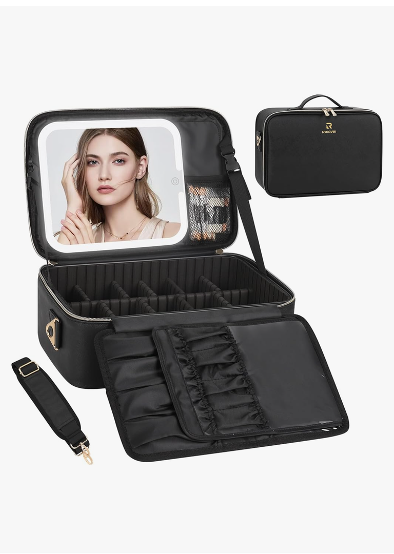 Relavel Makeup Bag with LED Mirror Travel Train Case Large Cosmetic Bags Organizer with Lighted Up Mirror with 3 Color Lights, Adjustable Brightness, Adjustable Dividers and Shoulder Strap (Black)