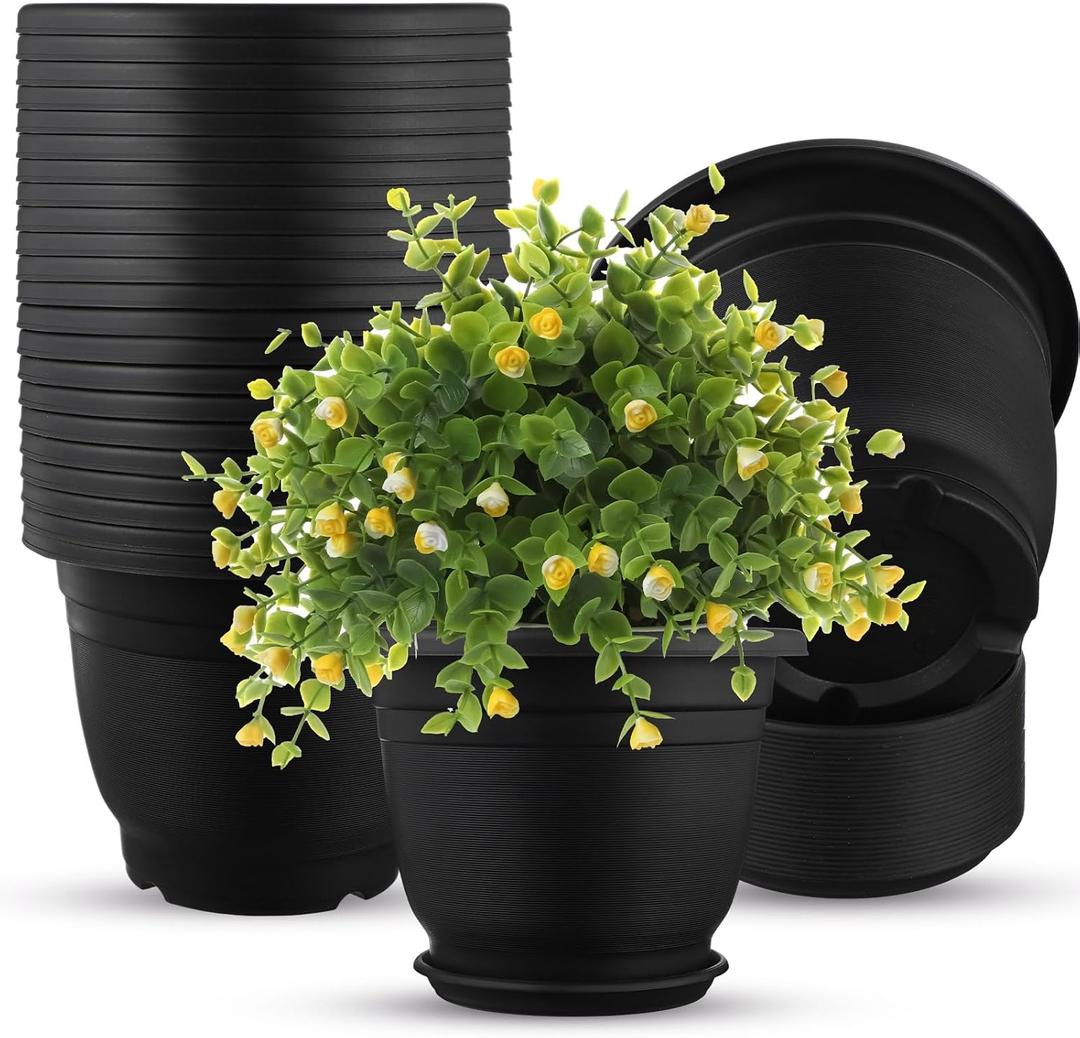 12 Pack 12' Plastic Plant Pots Round Planter Pots with Saucer Tray Seedling Pot Hole Seed Resin Plant Pot Starting Nursery Flower Container with Pallet for Garden Outdoor Indoor(Black)