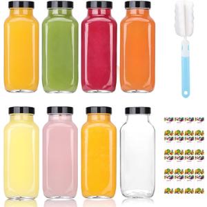 Glxgow 8 Pack 8 oz Glass Juice Bottles with Lids & Labels, Reusable Travel Juice Storage Containers, Clear Glass Drink Jars for Juicing, Water, Ginger, Wellness Shots - Leakproof, Dishwasher Safe