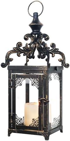 DECORKEY Candle Lantern Decorative Indoor & Outdoor, Large Vintage Metal Hanging/Tabletop Lanterns for Patio, Front Porch, Rustic Home Decor, Candle Holders for Christmas Decorations (Bronze)