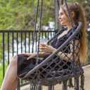 SUNCREAT Hammock Chair Hanging Macrame Swing with Hardware Kits, Max 330 Lbs, Handmade Knitted Mesh Rope Swing Chair for Indoor, Outdoor, Bedroom, Patio, Yard, Deck, Garden, Grey