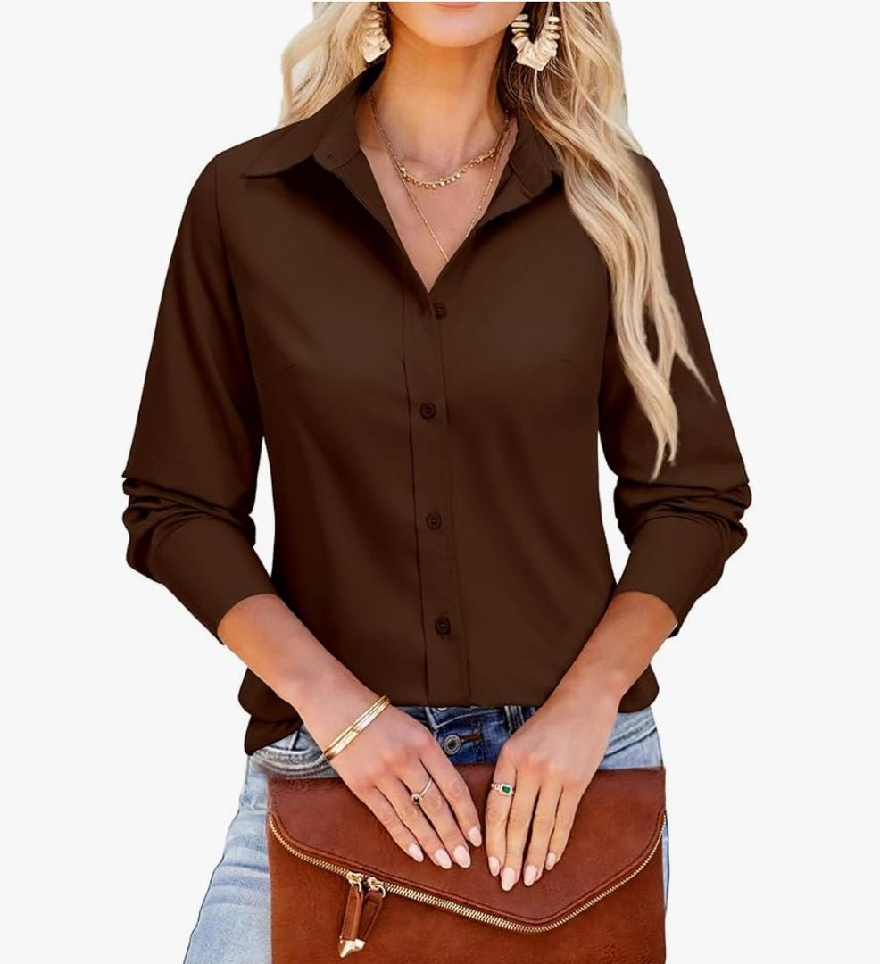 Button Down Dress Shirts for Women Long Sleeve Wrinkle Free Shirts Solid Work Business Formal Button Up Shirt, M