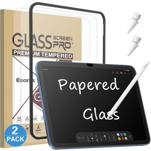 Esanik 2 Pack Like Paper Glass Screen Protector for iPad 11th/10th Generation A16(11/10.9 Inch, 2025/2022) 9H Tempered Glass Film with Alignment Frame, Writing Like on Paper, Apple Pencil Compatible