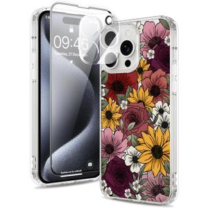 Magnetic for iPhone 15 Pro Case [Compatible with MagSafe][with Screen + Camera Protector] Floral Flower Sunflower Pattern Design, Slim Shockproof Phone Cover for Women Girls