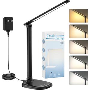 Desk Lamp with Charger, 10%-100% Stepless Dimmable & 5 Color Modes Study Lamp, Touch Control, 30-/60-minute Timer, USB Charging Output Port, CRI90, Eye-Caring Foldable LED Desk Lamps for Home Office