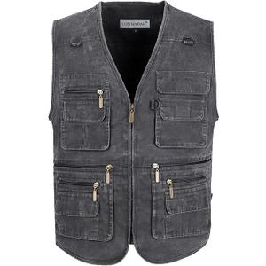Men's Stone Washed Denim Multi-Pocketed Fishing Work Outerwear Vest
(Large, Black)