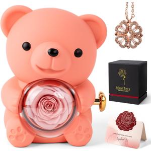 Teddy Bear with Preserved Rose Flower in Bear with Necklace and Box, Unique Mothers Day Gifts for Mom from Son Daughter (Pink+ Gift Box), 5.86 x 8.35 x 5.96 inches