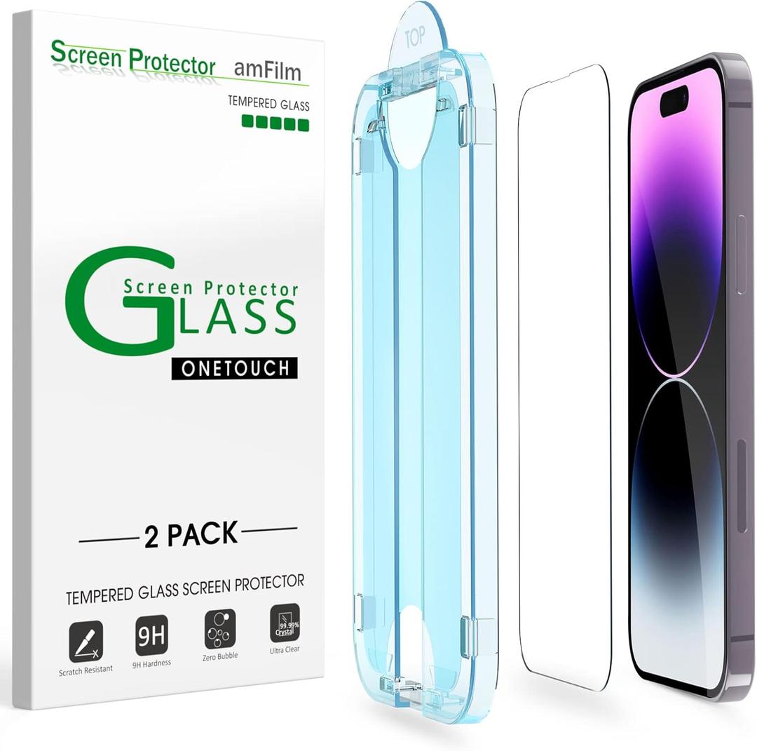 amFilm Easiest Installation OneTouch for iPhone 14 Pro [6.1 Inch] Screen Protector Tempered Glass, Auto-Alignment Tech, Bubble Free and Full Coverage Case Friendly, Anti-Scratch , 2 Pack