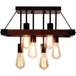 Farmhouse Semi Flush Mount Ceiling Light Fixture, Lights for Bedroom, Black Metal and Wood Kitchen Light Fixtures with 6 E26 Bulb Sockets, Hallway Light Fixtures, Lamps for Living Room