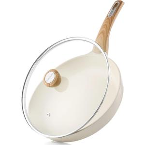 SENSARTE Ceramic Nonstick Frying Pan Skillet with Lid, 9.5inch Non Stick Pan Omelet Pans, Non-toxic Kitchen Cooking Chef's Pan, Free of Intentionally Added PFAS/PTFE/PFOA, Induction Compatible, White