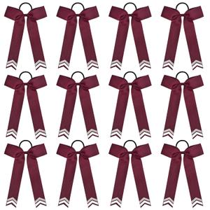 DEEKA 12PCS Collegiate Style Cheer Bows with Glitter Chevrons Tail Skinny College Cheerleader Ponytail Holder for Volleyball Softball Girls (Burgundy/Silver/White)